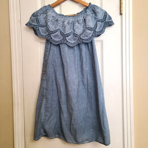 Knox Rose Blue Chambray Off Shoulder Dress Lined Boho Embroidered Eyelet Size XS